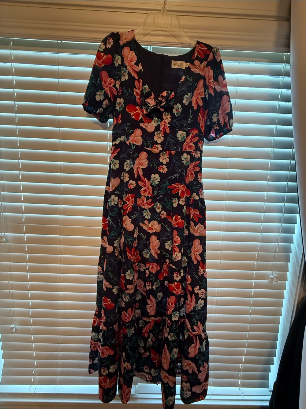 Eliza J Navy Midi Dress with Pink & Red Floral Print